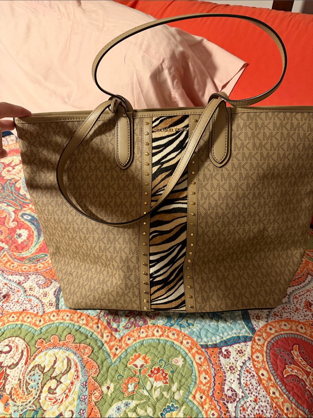 Michael Kors Tan Logo Tote with Zebra Stripe